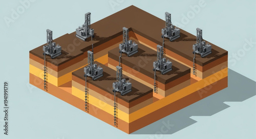 Oil rigs on a multi-layered earth structure.
