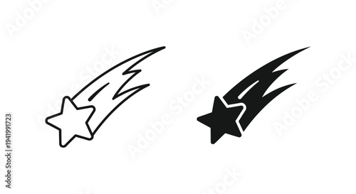Two shooting star icons one white and one black in outline silhouette