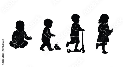 Childhood progression depicted in a striking black silhouette
