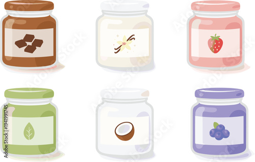 Set of cute colorful jars featuring sweet spreads like chocolate strawberry vanilla and blueberry for kitchen decor and food blogging.