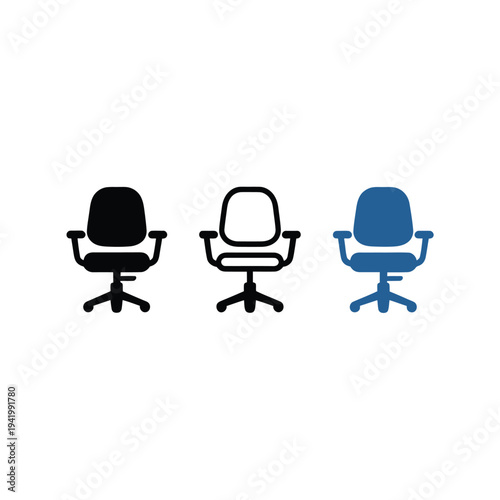 Three office chairs in varying colors are displayed against a white background