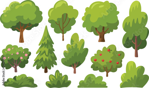 A cheerful assortment of various cartoon trees and green bushes some adorned with pink flowers and red fruits