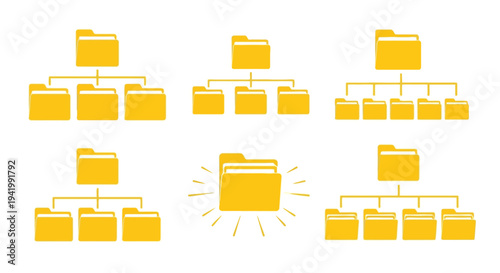 Yellow folder hierarchy illustration with radiating lines a digital silhouette