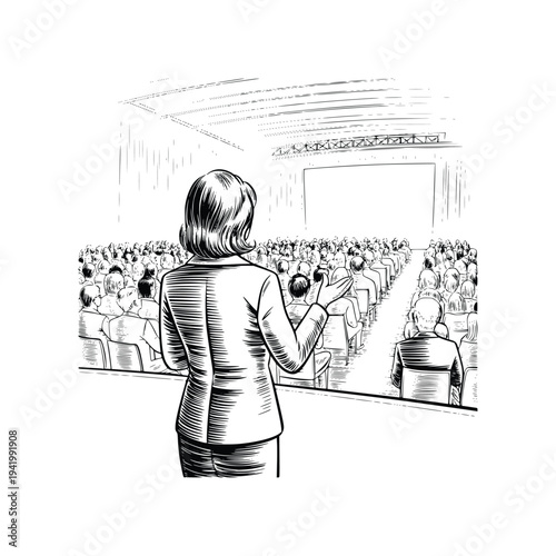 Business woman presenting to large audience in conference hall on stage with projector screen and spotlights