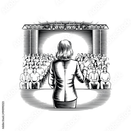 Woman speaker addressing large audience from stage, public speaking event illustration with diverse crowd