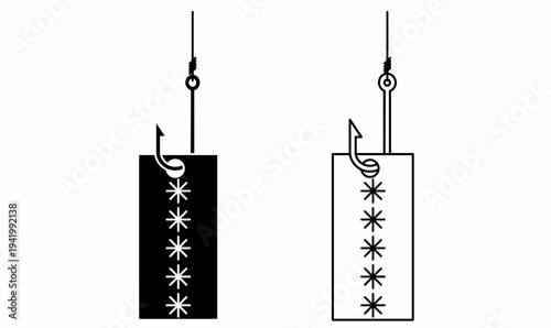 password phishing icon set. fishing hook catching password symbol inside a hanging tag.for cybersecurity concept, phishing warning graphics, online scam education, hacking awareness campaigns.vector