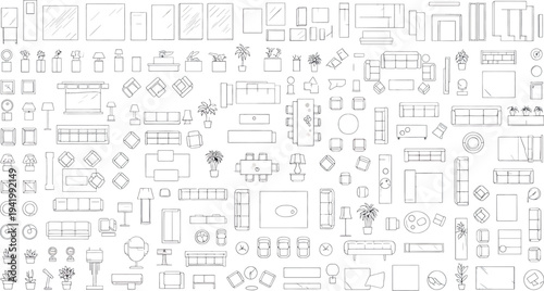 A collection of various technical mechanical blueprint drawings isolated on transparent background