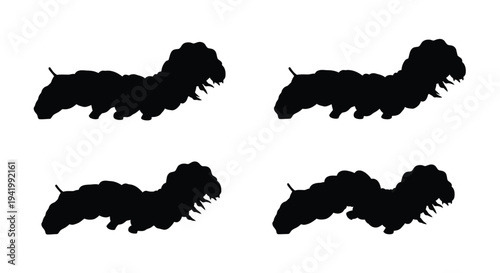 Four caterpillar silhouettes in various poses against a white background