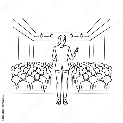 Woman speaker giving presentation in front of large audience in conference hall hand drawn sketch business lecture seminar vector
