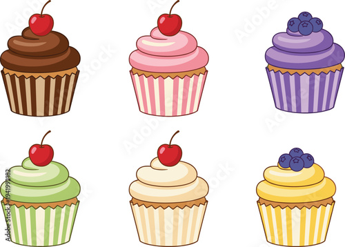 Set of delicious colorful cupcakes with cherry and blueberry toppings for bakery branding birthday party invitations and dessert menus.