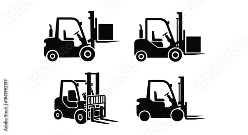 Four black forklift illustrations depict industrial machinery in a flat silhouette