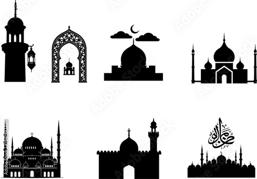 Islamic Mosque Silhouette Set, Ramadan Kareem Architecture Icons, Arabesque Mosque with Minaret and Crescent Moon Vector