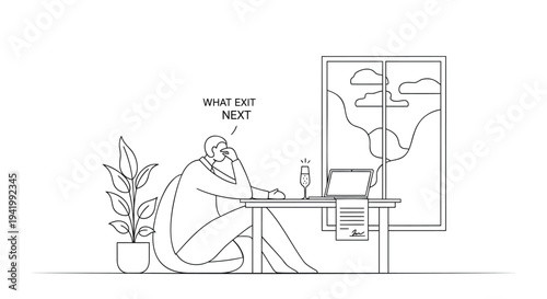 Vector illustration of stressed businessperson at desk with laptop and plant