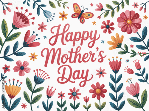 Happy Mother's Day message surrounded by a vibrant border of intricately drawn blooming.
