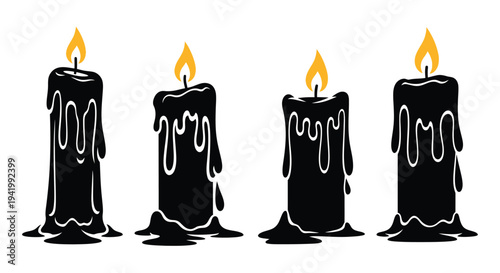 Four burning candles with dripping wax a striking black silhouette