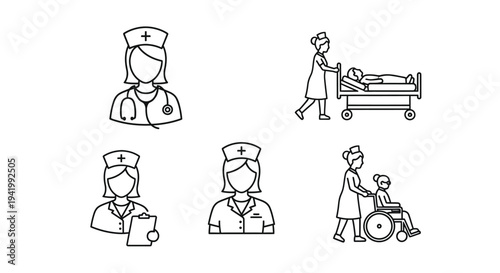 Medical staff assisting patients healthcare icons in linear style silhouette