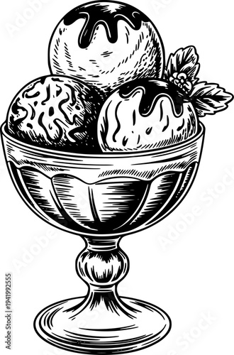 Vintage Style Ice Cream Sundae in Glass Bowl with Chocolate Drizzle and Mint Garnish