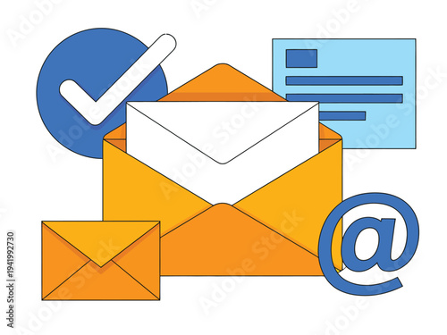 Email communication concept shows open envelope with check mark and at symbol present.