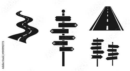 Road elements including signs and highway depicted in black silhouette