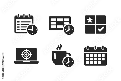 Collection of icons representing time management, planning, and productivity concepts