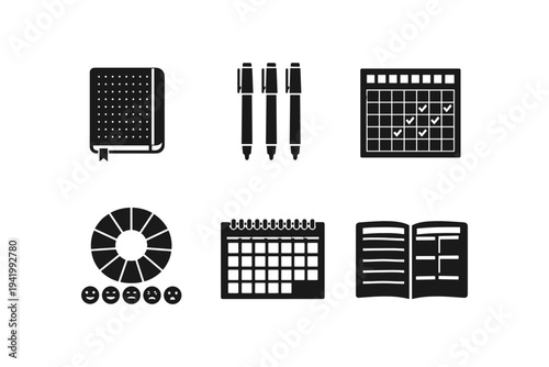 Set of icons representing planning, organization, and feedback for business and personal use