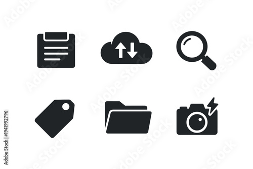 Collection of six simple, modern flat icons representing common digital tasks and functions