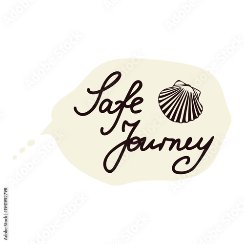 Pilgrims mon St James way. Hand drawn vector motif year of jubilee pilgrimage with sacred scallop shell. Simple black and white backpacker sacred trail hike sign for european albbergue or hostel 