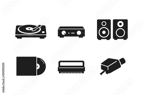 Collection of vintage and modern audio equipment icons on a white background