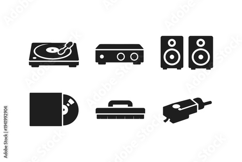 Collection of vinyl record player accessories and audio equipment icons