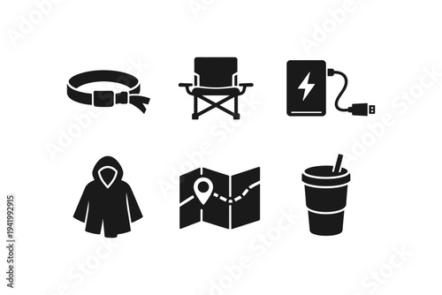 Collection of icons representing essential items for outdoor activities and travel