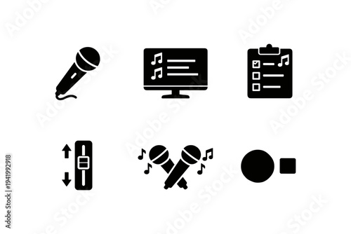 Collection of music and audio icons including microphones, monitor, and controls