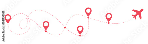 Airplane path in a dotted line shape, red airplane route markers with start and end location pins, scalable vector graphic for flight tracking