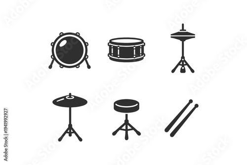 Collection of simple black icons representing drum kit elements on a white background