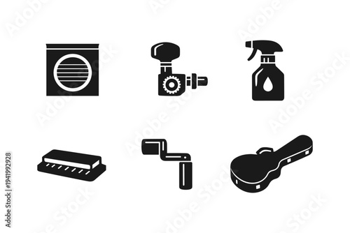 Collection of musical instrument maintenance and accessory icons