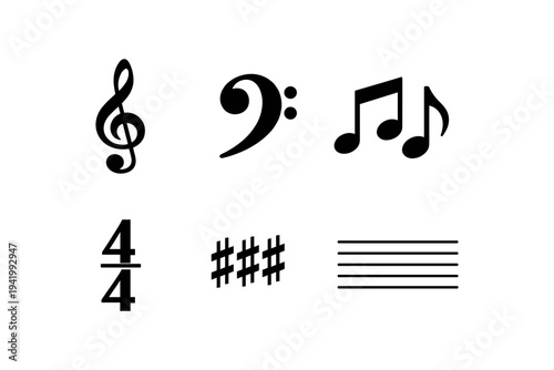 Collection of musical notation symbols including clefs, notes, time signature, and sharps