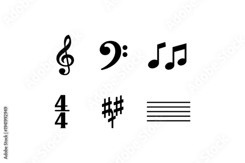 Collection of musical notation symbols including clefs, notes, time signature, and staff