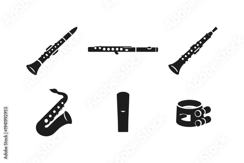 Collection of black silhouette icons representing various wind musical instruments and accessories