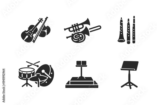 Collection of musical instrument icons and music stands on a white background