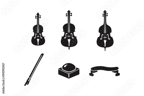 Collection of string instrument icons including violin, viola, cello, and double bass
