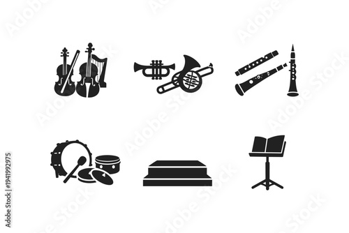 Collection of musical instruments and performance elements in silhouette