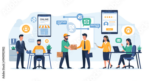 Illustrating the seamless integration of online shopping, delivery services, and customer support in a modern business environment.