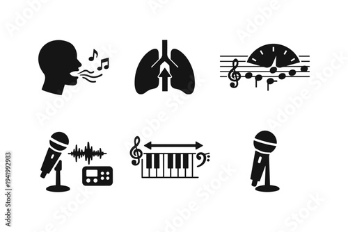 Collection of icons representing singing, lungs, music, and audio recording equipment