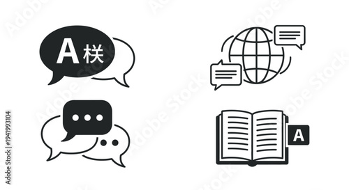 Communication icons depicting language translation and learning silhouette