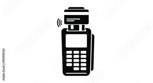 Black silhouette of a portable payment terminal processing a card silhouette