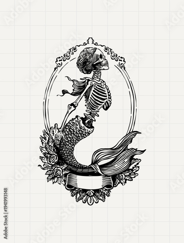 Skeleton Mermaid Vintage Nautical Engraving Illustration