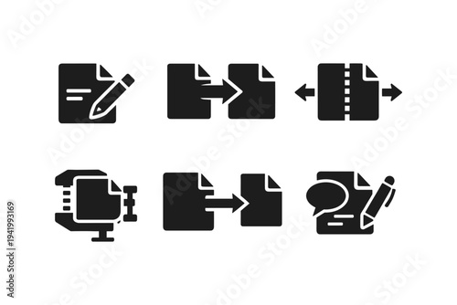 Set of document icons representing various actions like editing, merging, and compressing files