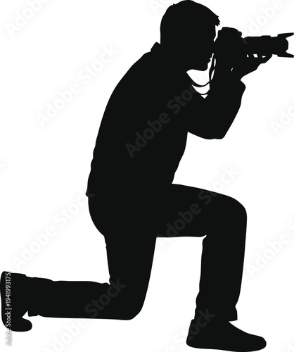 Kneeling Photographer Silhouette Taking Photo with DSLR Camera on White Background - Professional Photographer Vector Black Illustration