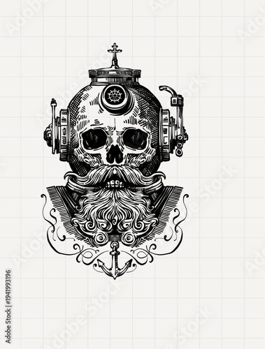 Vintage Diving Helmet Skull Nautical Engraving Illustration