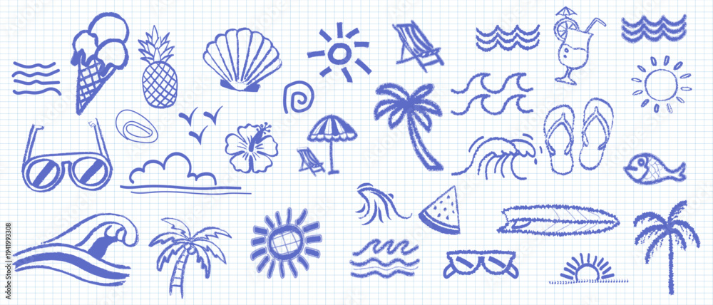 Fototapeta premium Hand Drawn Doodle Beach and Surf Vector Illustration Set – Tropical Naive Coastal Elements with Palm Trees, Waves, Surfboards and Sun for Summer Designs, T-Shirts, Posters and Placard Prints