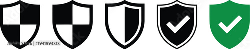 A clear row of five shield icons displays various designs and a green checked mark on white